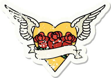 Geleneksel kalp stili dövmeli, kanatlı, çiçekli ve bir insan tarafından çizilmiş dövmeli.