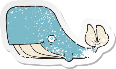 Bir insan tarafından çizilmiş mutlu balina çizgi filminin kederli retro yapıştırması.