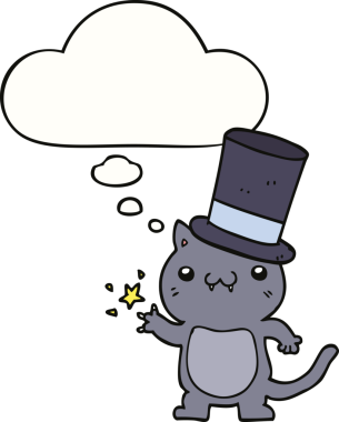 Düşünce baloncuklu silindir şapka takan bir insan tarafından çizilmiş çizgi film kedisi.