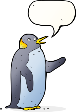 Bir insan tarafından çizilmiş konuşma baloncuğuyla sallanan penguen çizgi filmi.