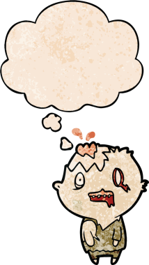 Bir insan tarafından çizilmiş grunge desenli düşünce balonu olan çizgi film zombisi.