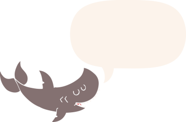 Bir insan tarafından çizilmiş, konuşma baloncuklu çizgi film köpekbalığı.