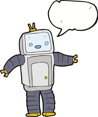 Bir insan tarafından çizilmiş konuşma balonu olan çizgi film robotu.