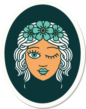 Geleneksel bir dövme stili. Çiçekten taç takmış bir kız. Bir insan tarafından çizilmiş.