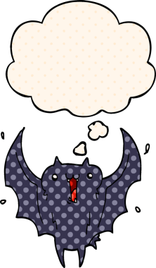 Çizgi roman tarzında bir insan tarafından çizilmiş düşünce balonu olan mutlu vampir yarasa çizgi filmi