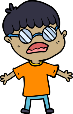 Bir insan tarafından çizilmiş gözlük takan çizgi film çocuğu.