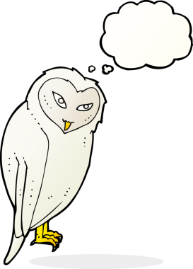 Bir insan tarafından çizilmiş düşünce baloncuklu çizgi film baykuşu