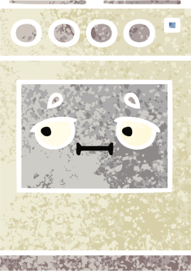 Bir insan tarafından çizilmiş mutfak fırınının retro çizim tarzı karikatürü.