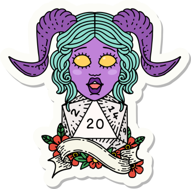 Bir insan tarafından çizilmiş doğal yirmi zarla yapıştırılmış bir etiket.