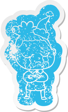 Bir insan tarafından çizilmiş Noel Baba şapkası giymiş ağlayan bir kadının garip bir karikatürü.