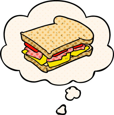 Çizgi roman tarzında bir insan tarafından çizilmiş bir jambonlu sandviç.