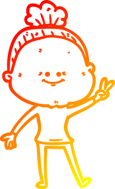 Bir insan tarafından çizilmiş mutlu, yaşlı bir kadının sıcak çizgi çizimi.