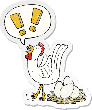 Çizgi film tavuğu, konuşma baloncuğu ile yumurtluyor. Bir insan tarafından çizilmiş sıkıntılı eski bir çıkartma.