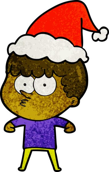 Bir insan tarafından çizilmiş Noel Baba şapkası giyen meraklı bir çocuğun el çizimi karikatürü.