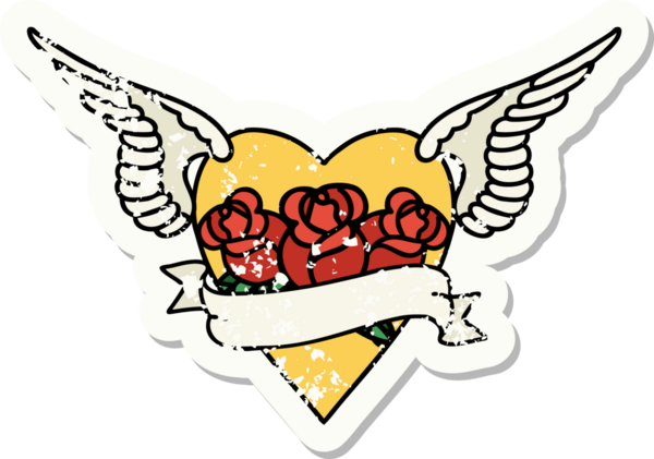 Geleneksel kalp stili dövmeli, kanatlı, çiçekli ve bir insan tarafından çizilmiş dövmeli.