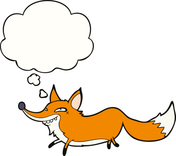 Bir insan tarafından çizilmiş düşünce baloncuklu kurnaz tilki.