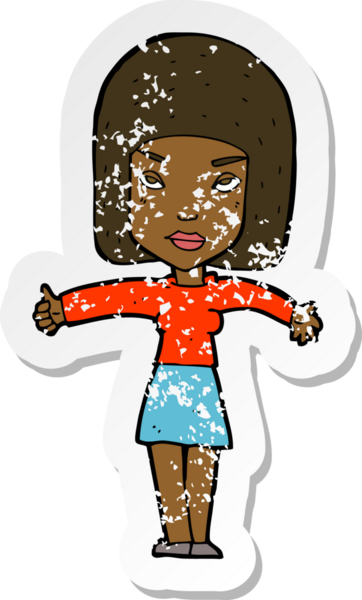 Bir insan tarafından çizilmiş baş parmak işareti veren karikatürlü bir kadının gerilimli retro çıkartması.