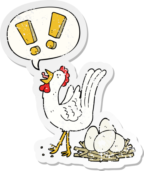 Çizgi film tavuğu, konuşma baloncuğu ile yumurtluyor. Bir insan tarafından çizilmiş sıkıntılı eski bir çıkartma.