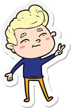 Bir insan tarafından çizilmiş barış işareti veren mutlu bir çizgi film karakterinin çıkartması.