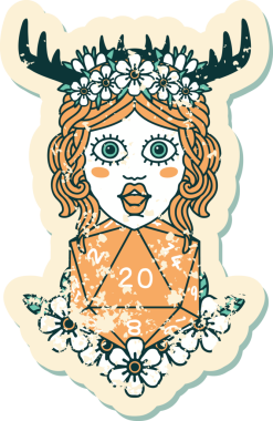 Bir insan tarafından çizilmiş doğal yirmi zarlı bir Druid 'in grunge çıkartması.