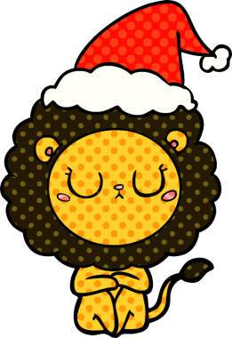 Bir insan tarafından çizilmiş Noel Baba şapkası takan bir aslanın el çizimi çizgi roman tarzı çizimi.