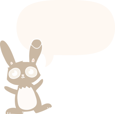 Konuşma baloncuğu olan sevimli çizgi film tavşanı insan tarafından çizilmiş.