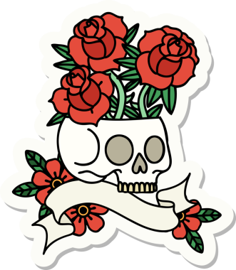 Bir insan tarafından çizilmiş kafatası ve güllerin olduğu dövme stili çıkartması.