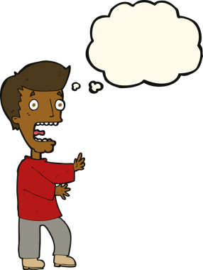 Bir insan tarafından çizilmiş düşünce baloncuğuyla dehşete düşmüş bir adam.