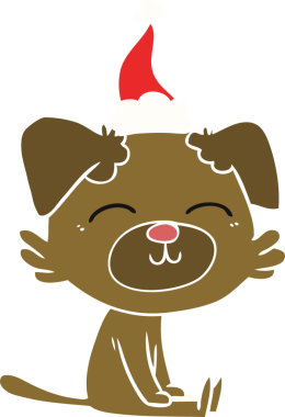 Bir insan tarafından çizilmiş Noel Baba şapkası takan bir köpeğin düz renkli çizimi.