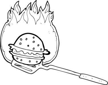 Bir insan tarafından çizilmiş siyah beyaz çizgi film pişirme hamburgeri.