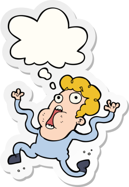 Karikatür, insan tarafından çizilmiş bir çıkartma gibi düşünce balonlu adamı dehşete düşürdü.