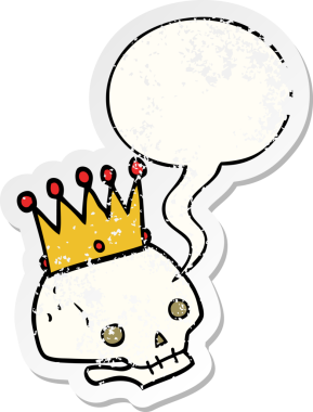 Sözcük baloncuklu karikatür kafatası bir insan tarafından çizilmiş sıkıntılı eski bir çıkartma