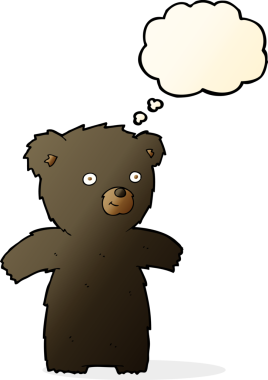 Bir insan tarafından çizilmiş düşünce baloncuğu olan sevimli çizgi film kara ayısı.