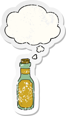 Düşünce baloncuklu çizgi film iksiri şişesi insan tarafından çizilmiş yıpranmış bir çıkartma gibi.