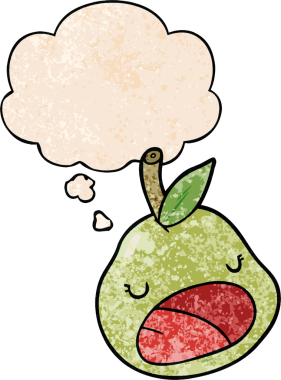 Bir insan tarafından çizilmiş grunge doku tarzında düşünce baloncuğu olan armut çizgi filmi.