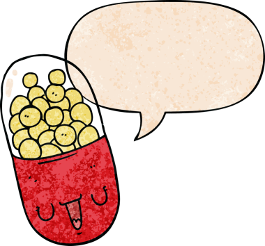 bir insan tarafından çizilmiş eski dokuda konuşma baloncuğu olan tıbbi bir çizgi film hapı.