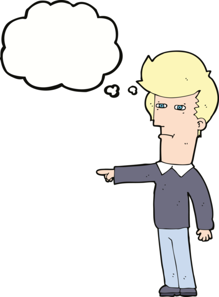 Bir insan tarafından çizilen düşünce baloncuğuyla suçlanan çizgi film adamı.