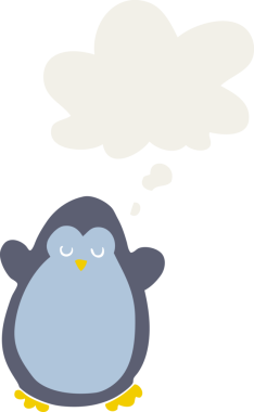 Düşünce baloncuğu olan bir penguen insan tarafından çizilmiş.