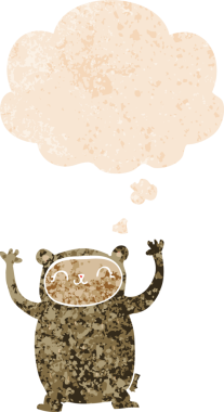 Bir insan tarafından çizilmiş grunge sıkıntılı retro tarzı düşünce baloncuğu ile sevimli çizgi film ayısı