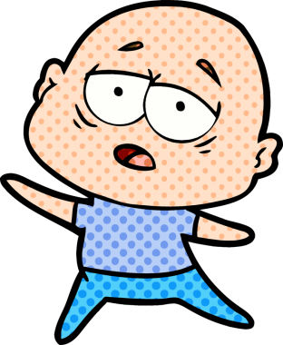 Bir insan tarafından çizilmiş yorgun, kel bir adam.