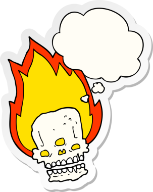İnsan tarafından çizilmiş bir çıkartma olarak düşünce baloncuğu ile yanan bir kafatası.