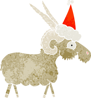 Bir insan tarafından çizilmiş Noel Baba şapkası giymiş bir keçinin el çizimi karikatürü.