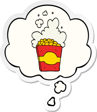 Düşünce baloncuklu patlamış mısır bir insan tarafından çizilmiş çıkartma.