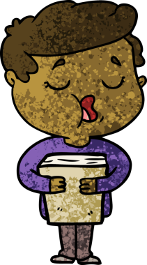 Bir insan tarafından çizilmiş kitap ve şarkı söyleyen bir çizgi film adamı.