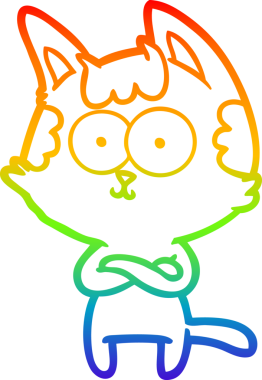 Mutlu bir çizgi film kedisinin çizdiği gökkuşağı gradyanı bir insan tarafından çapraz kollarla çizilmiş