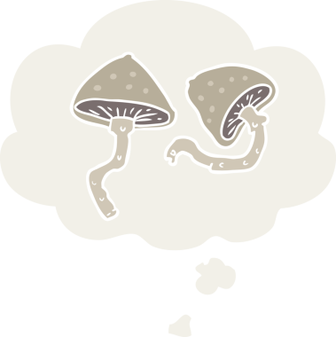 Düşünce baloncuğu olan karikatür mantarları insan tarafından çizilmiş.