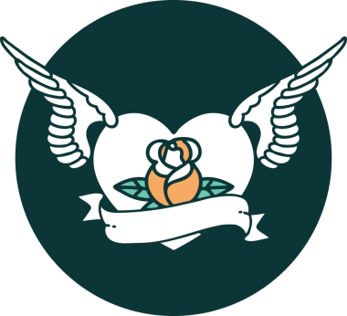 Bir insan tarafından çizilmiş çiçek ve bayrak ile uçan bir kalbin ikonik dövme görüntüsü