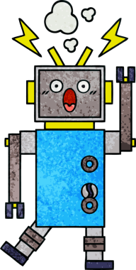 Bir insan tarafından çizilmiş arızalı bir robotun retro grunge desen karikatürü