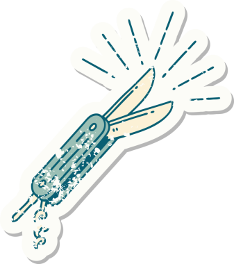 Bir insanın çizdiği eski dövme stili katlama bıçağının eski bir çıkartması.