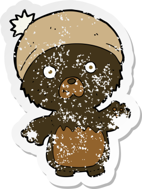 Bir insan tarafından çizilmiş şapkalı sevimli oyuncak ayının gerilimli çıkartması.